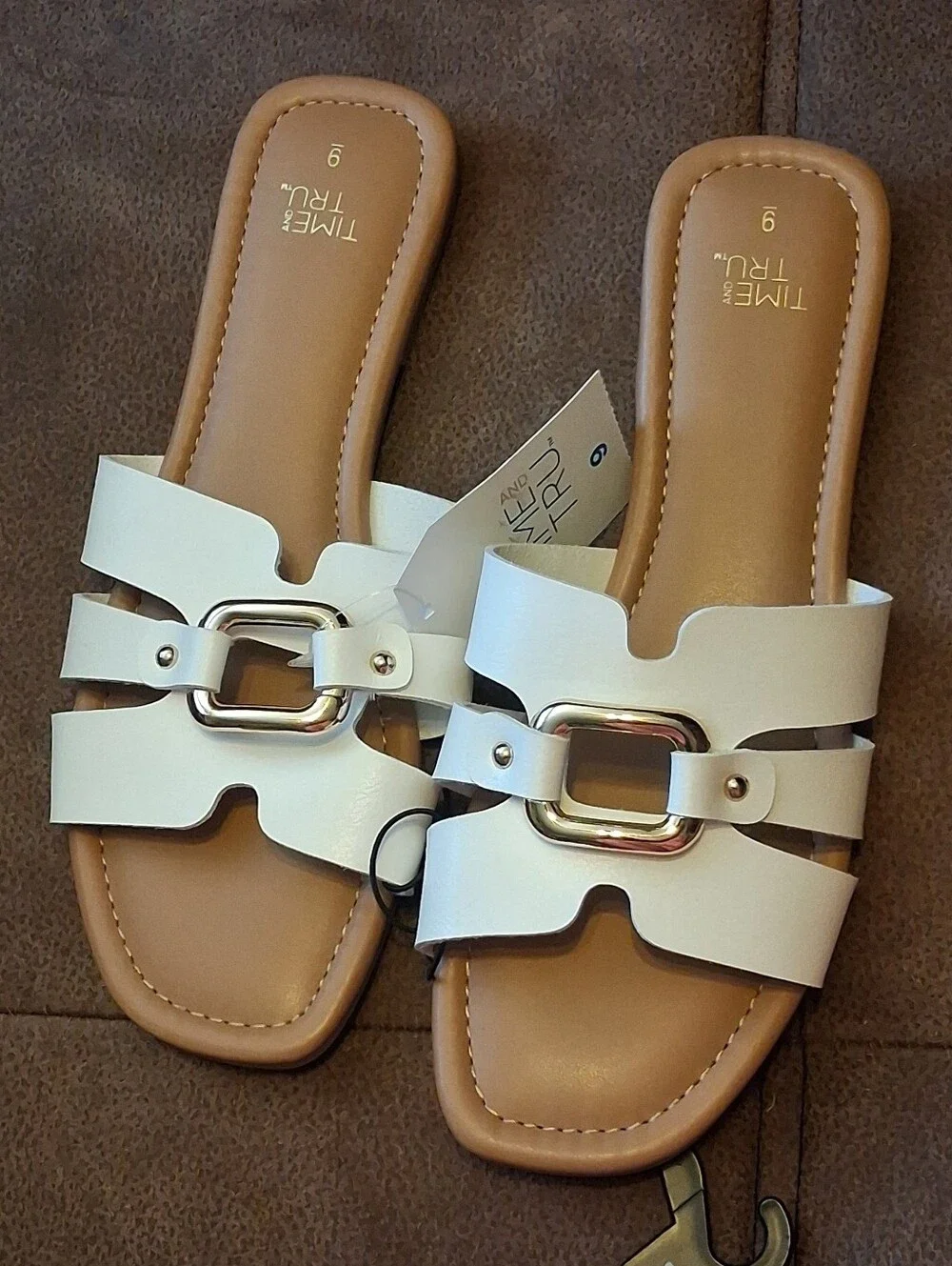 Time and Tru Embellished Slide Sandals with Gold Buckle White Size 9